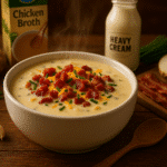 Creamy potato soup recipe in bowl with bacon and chives - CrennRecipes premium comfort food