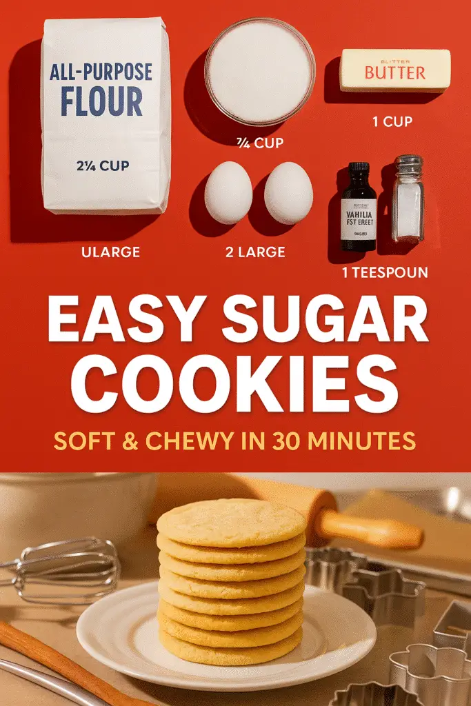 Easy sugar cookie recipe Pinterest pin featuring CrennRecipes premium baking ingredients and tools