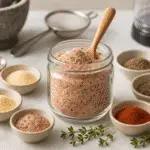 Homemade pink salt recipe blend in glass jar with Himalayan salt and spices on marble counter