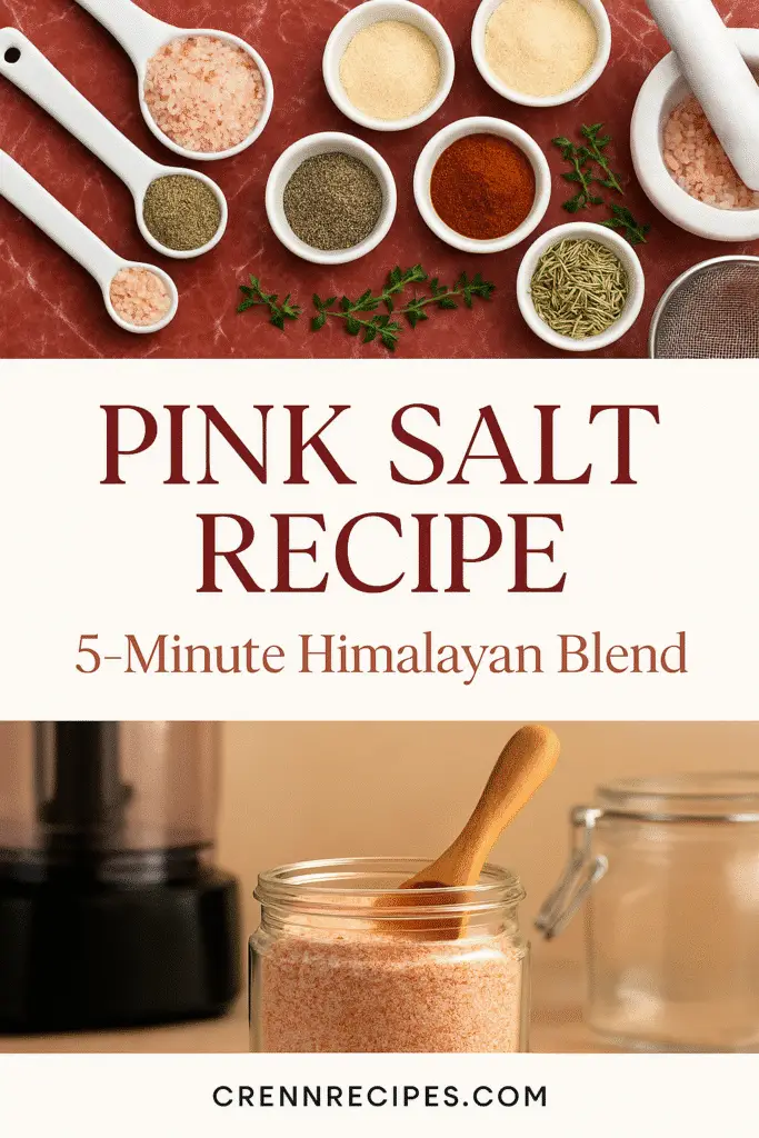 CrennRecipes pink salt recipe Pinterest pin showing Himalayan salt ingredients and finished seasoning blend