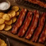 Crispy bacon and homemade potato chips on wooden board - perfect American comfort food combination by CrennRecipes