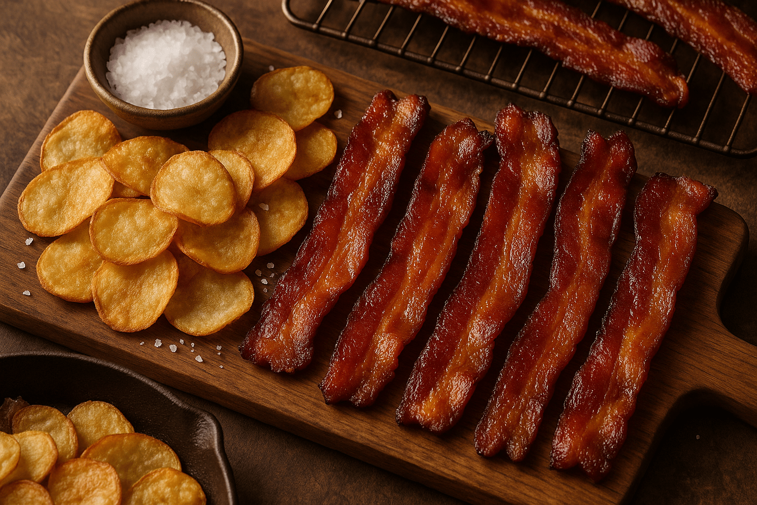Crispy bacon and homemade potato chips on wooden board - perfect American comfort food combination by CrennRecipes