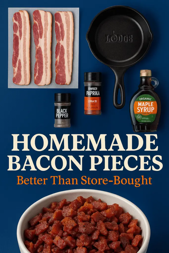 Blue Pinterest pin for crispy homemade bacon pieces recipe with premium ingredients display
