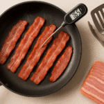 Golden brown crispy turkey bacon strips in skillet with meat thermometer showing proper doneness temperature
