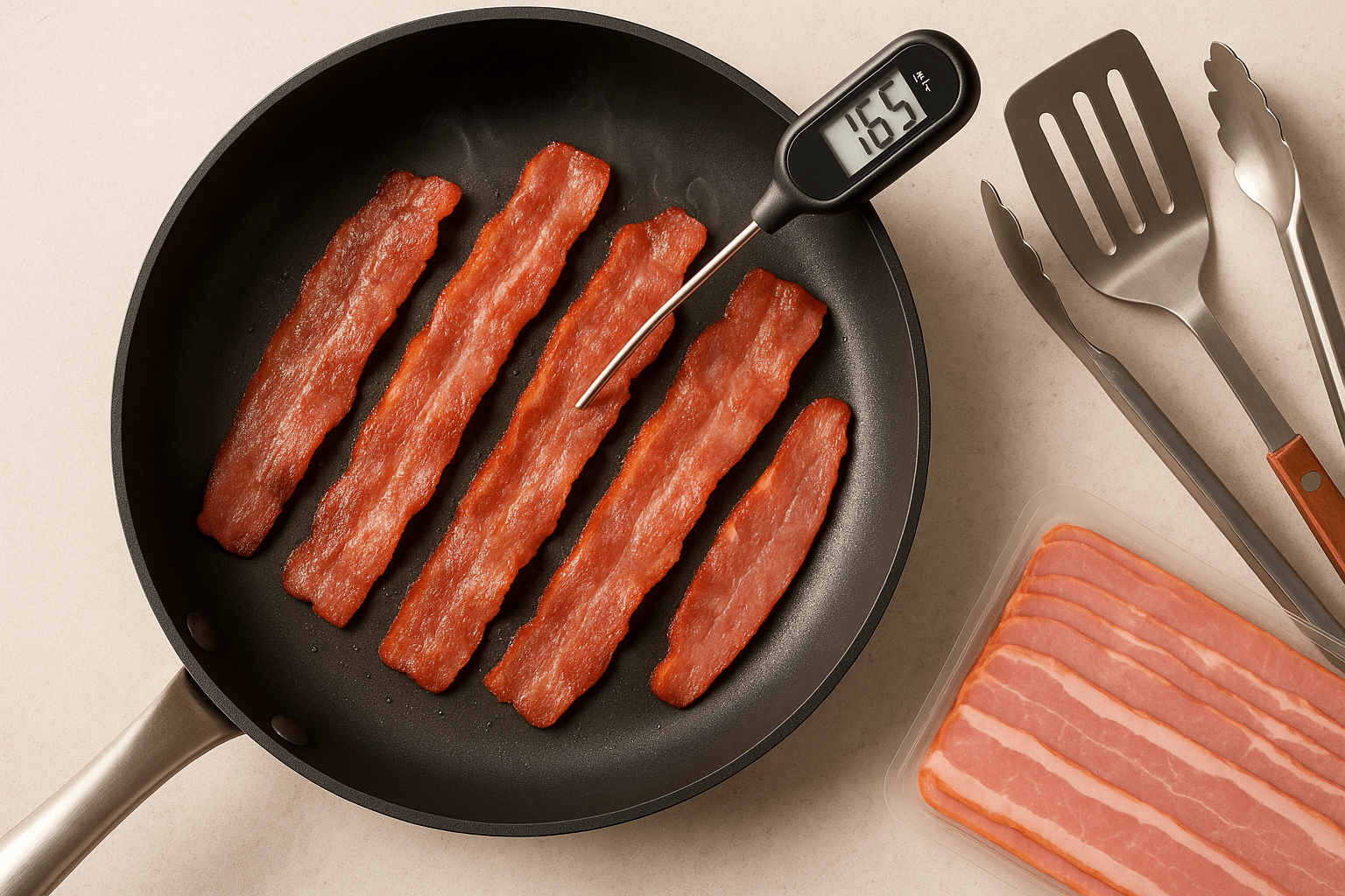 Golden brown crispy turkey bacon strips in skillet with meat thermometer showing proper doneness temperature