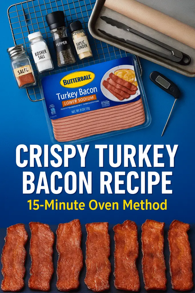 Crispy turkey bacon recipe Pinterest pin with CrennRecipes professional oven method and tools