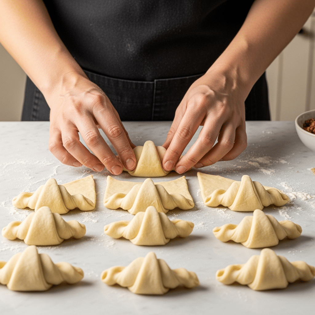 Step 1 croffle recipe - preparing and shaping croissant dough for waffle maker
