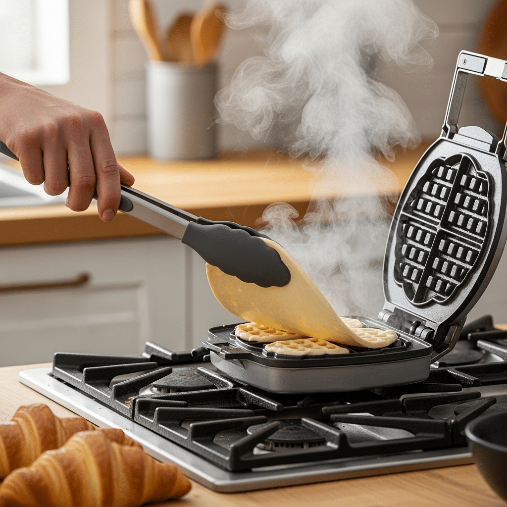 Step 2 croffle recipe - placing dough in waffle maker for cooking process