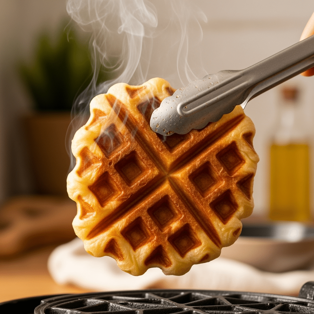 Step 3 croffle recipe - removing perfect golden crispy croffle from waffle maker