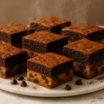 Homemade crownies recipe showing chocolate chip cookie brownie bars with distinct layers on marble surface