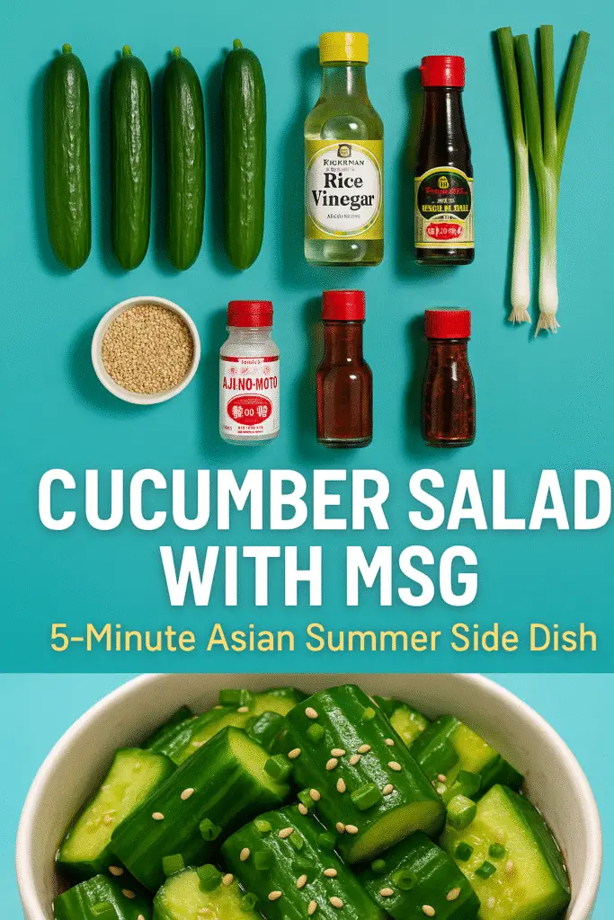 Pinterest pin for cucumber salad with MSG recipe showing ingredients and finished dish