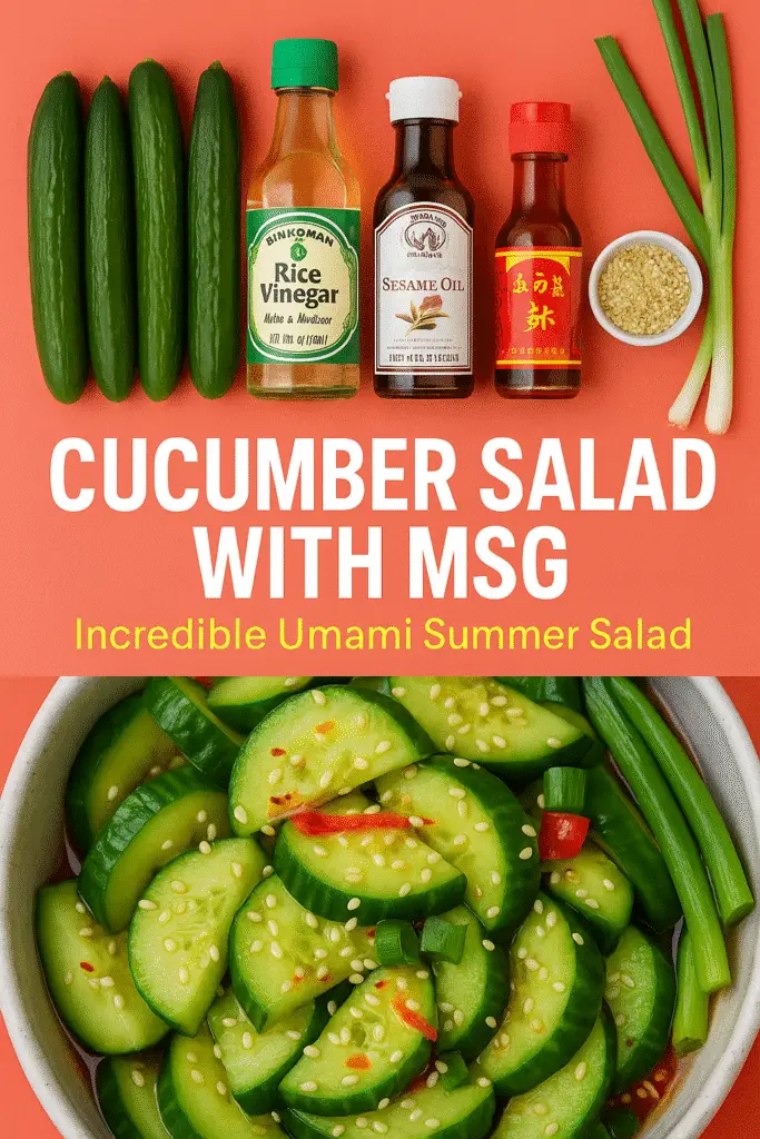 Pinterest recipe pin for MSG cucumber salad with ingredient showcase and finished dish