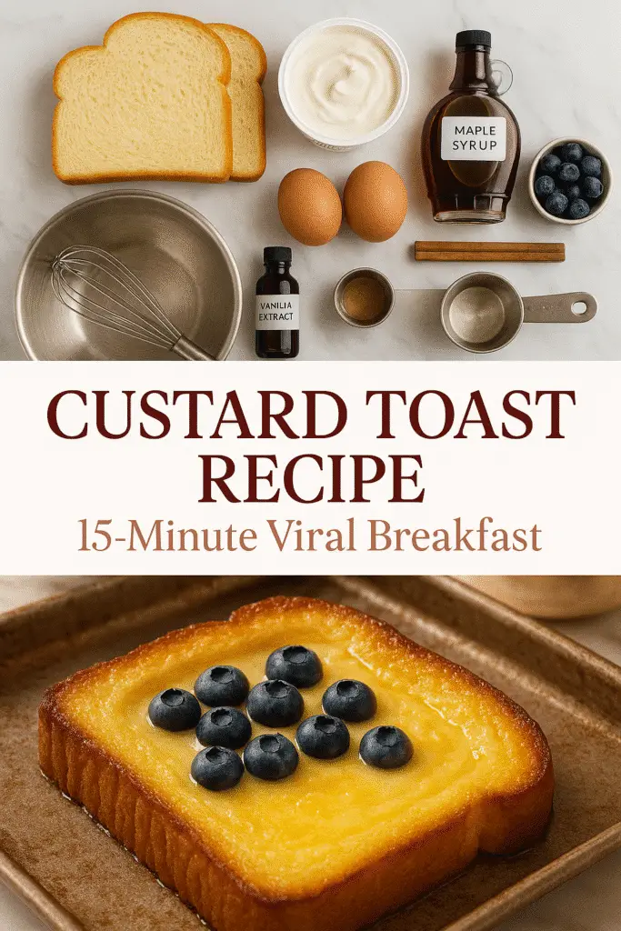 Custard toast recipe Pinterest pin featuring step-by-step ingredients and finished viral breakfast from CrennRecipes.com