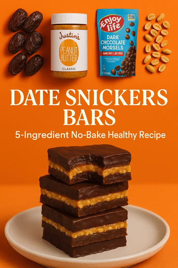 Date snickers bars Pinterest recipe pin featuring Joolies dates Justin's peanut butter no-bake healthy dessert