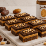 Date snickers bars recipe showing three layers with medjool dates peanut butter and dark chocolate on marble board