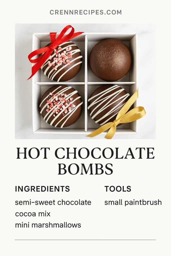 Decorated hot chocolate bombs in gift boxes by CRENNRECIPES.COM