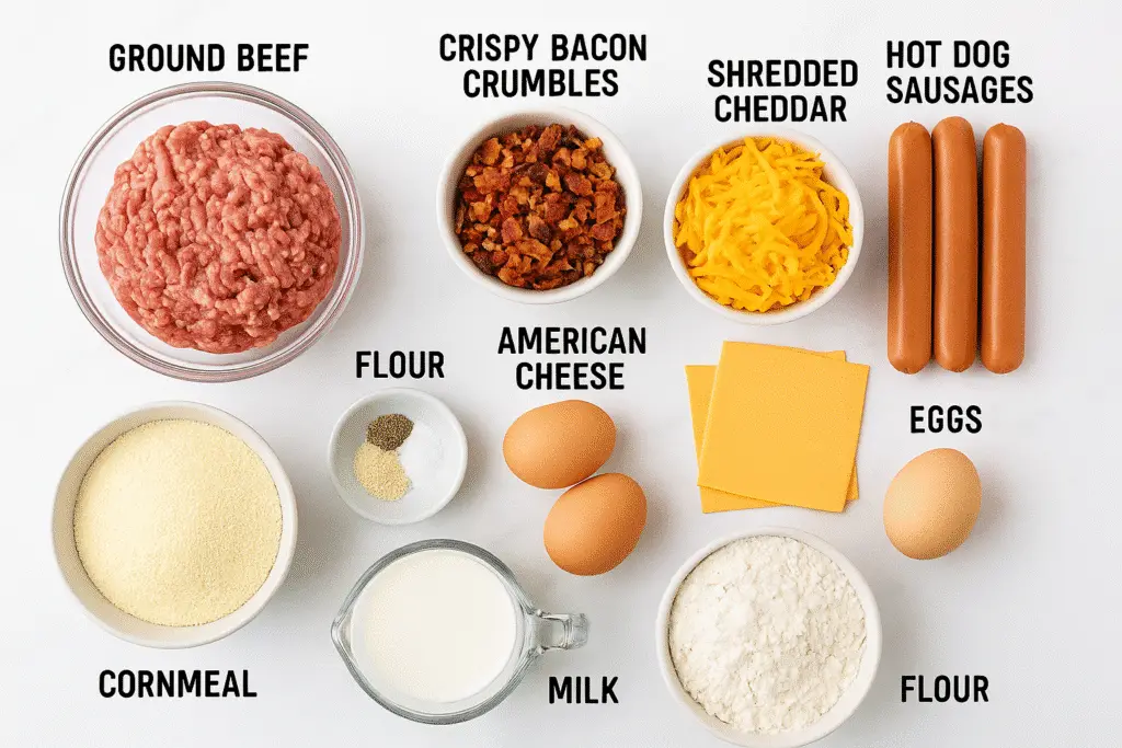 Complete ingredients layout for deep-fried bacon cheeseburger corn dogs recipe