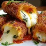Deep fried lasagna mozzarella sticks with golden crispy coating and melted cheese center on premium serving plate