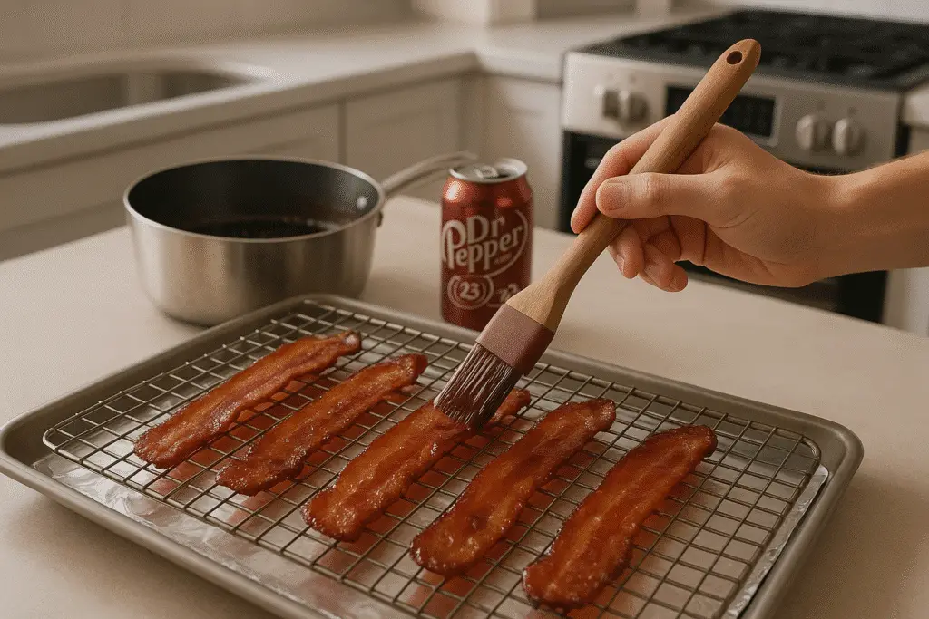 Dr Pepper candied bacon cooking process and glazing technique
