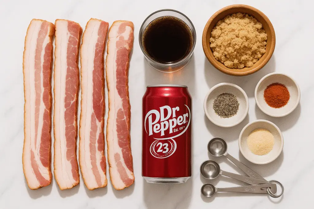 Dr Pepper candied bacon ingredients laid out for cooking