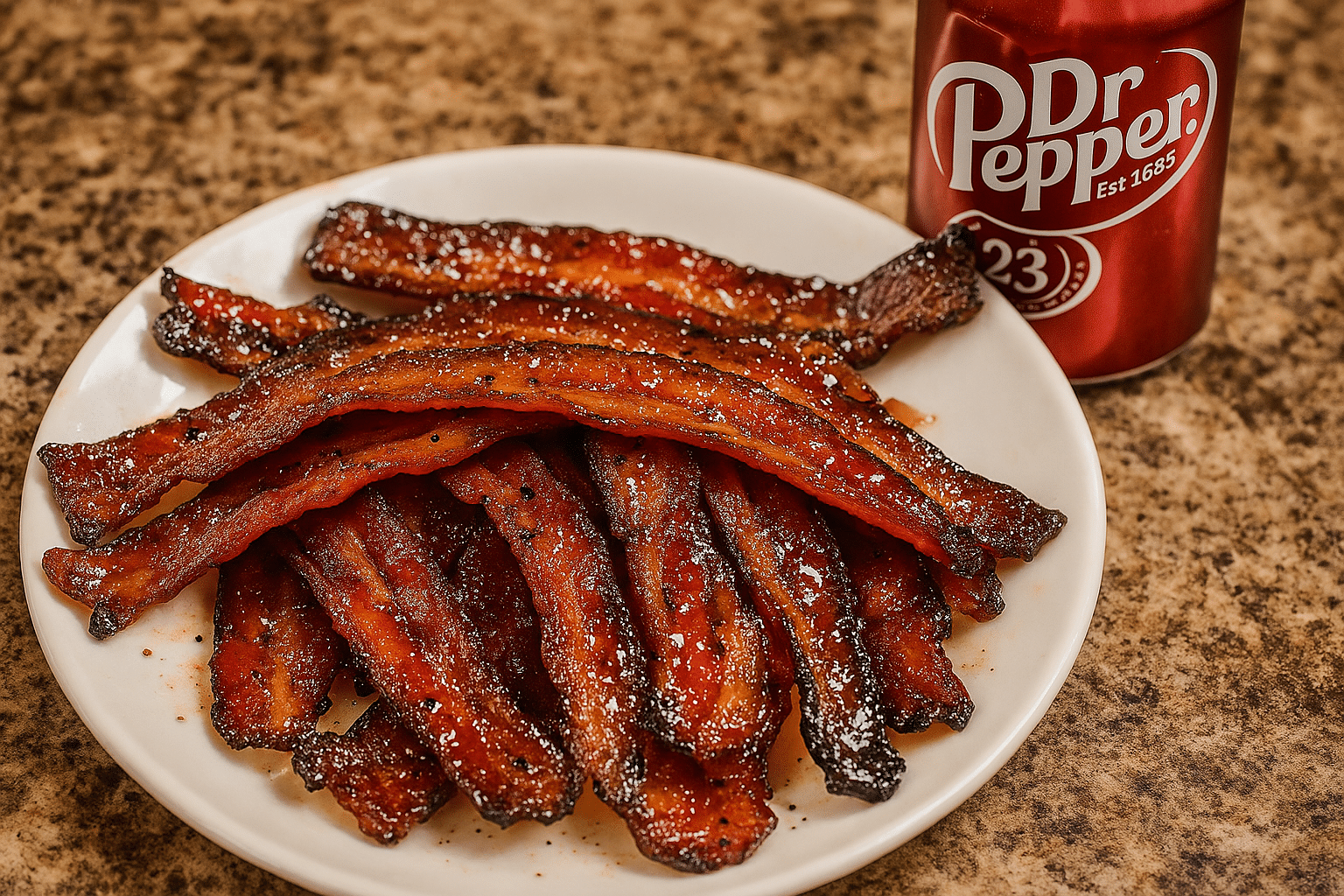 Dr Pepper candied bacon recipe with golden caramelized glaze