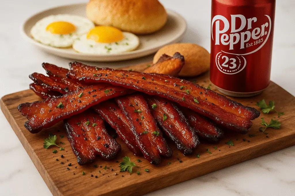 Dr Pepper candied bacon elegantly served and garnished