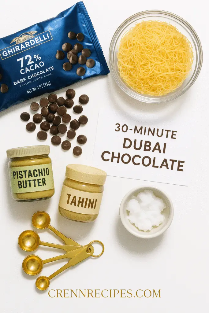 Dubai chocolate recipe ingredients layout with CRENNRECIPES.COM branding for easy homemade chocolate bars