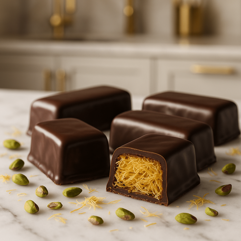 Homemade Dubai chocolate recipe bars with pistaifi filling on marble counter - CrennRecipes premium tutorial