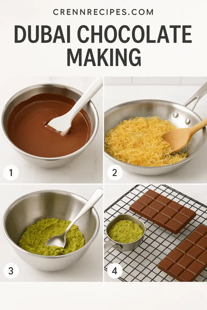 Dubai chocolate recipe step-by-step process guide from CRENNRECIPES.COM showing professional chocolate making techniques