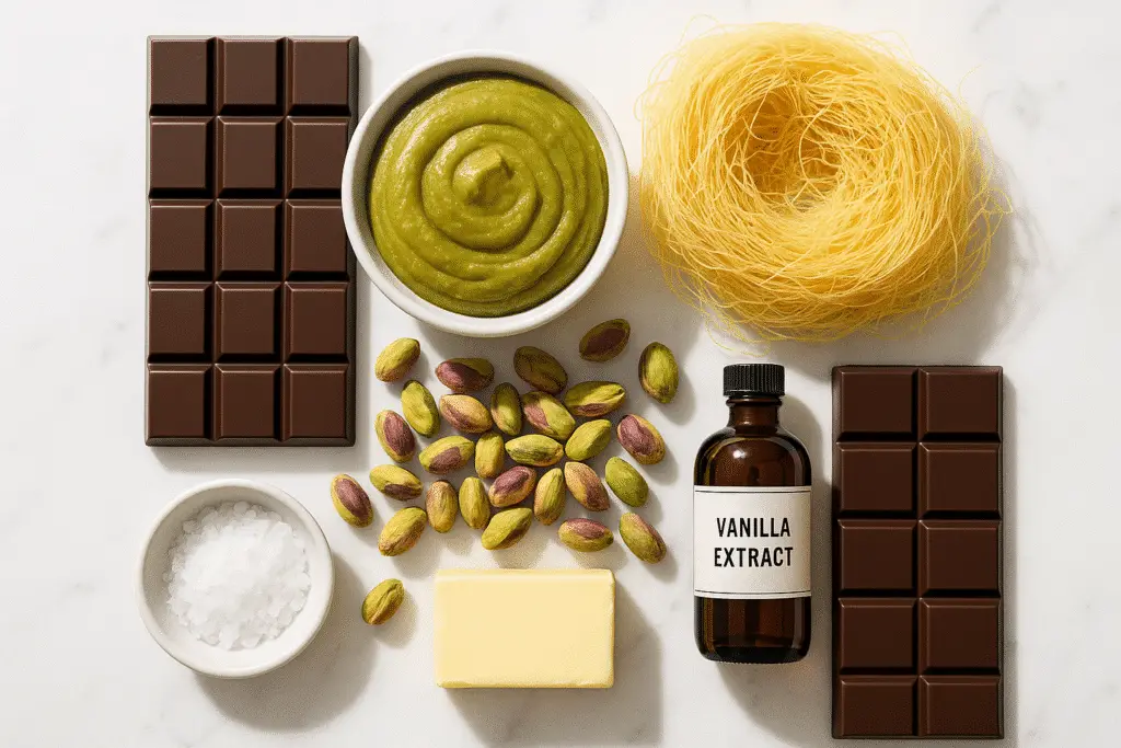 Dubai pistachio kataifi chocolate bar ingredients including chocolate and kataifi