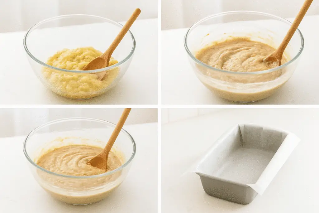 Banana bread recipe preparation steps showing mixing batter and mashed bananas