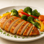 Easy chicken recipes featured dish - perfectly seasoned chicken breast with roasted vegetables from CrennRecipes.com