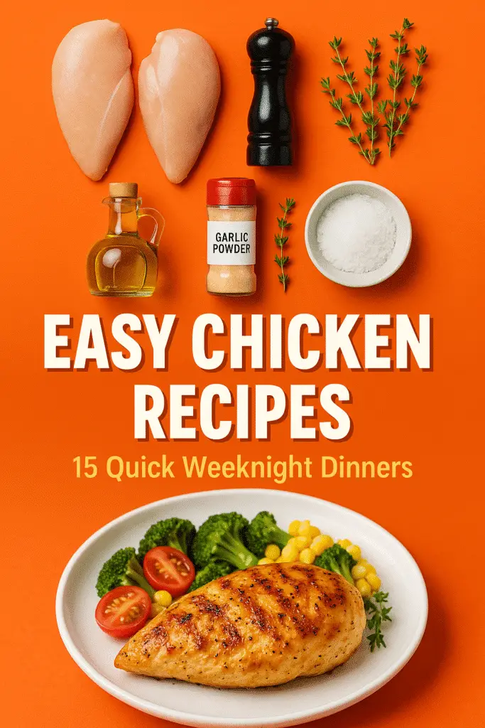 Easy chicken recipes Pinterest pin featuring 15 quick weeknight dinner ideas with premium ingredients from CrennRecipes.com