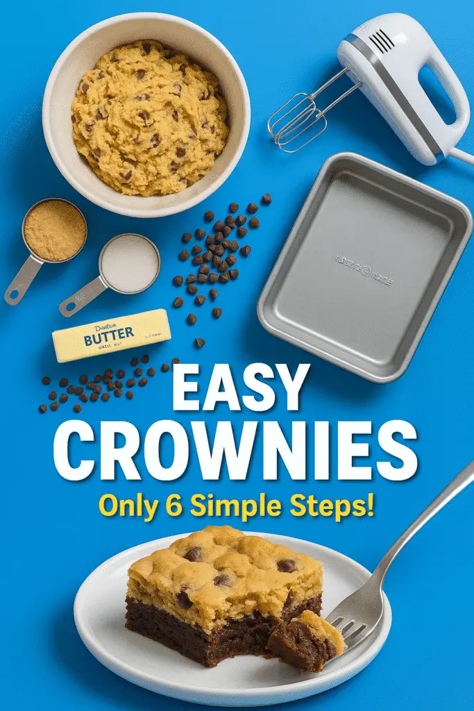Easy crownies recipe showing baking process and finished chocolate chip cookie brownie dessert bars