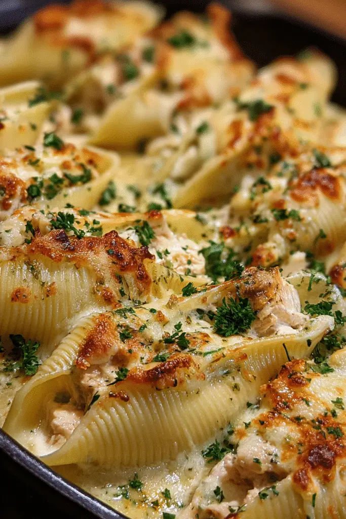 Easy garlic butter chicken alfredo stuffed shells recipe pin for meal prep and family dinners