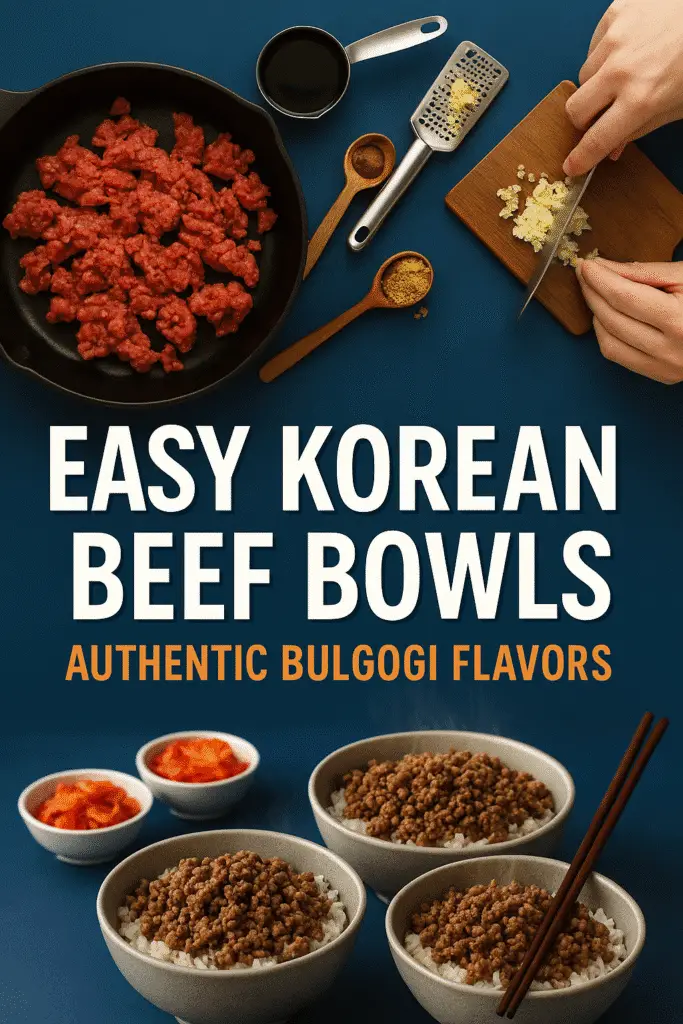 Easy Korean Beef Bowls Pinterest pin showing cooking process and family-style serving - CrennRecipes.com authentic recipe