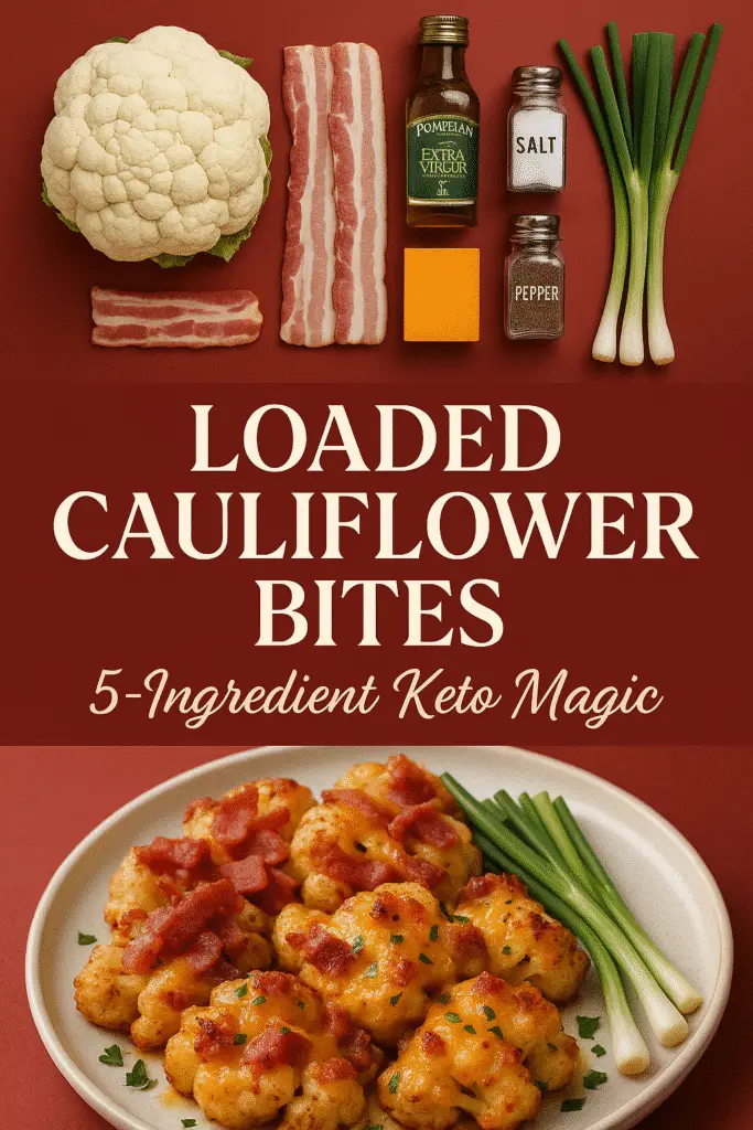 Easy loaded cauliflower bites recipe Pinterest pin - 5 ingredient keto appetizer
