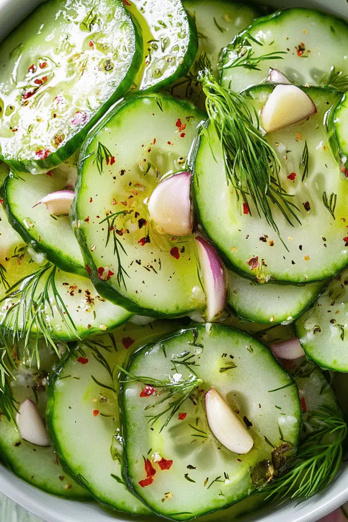 Easy Logan's Cucumber Salad recipe with mandoline-sliced cucumbers and fresh herbs