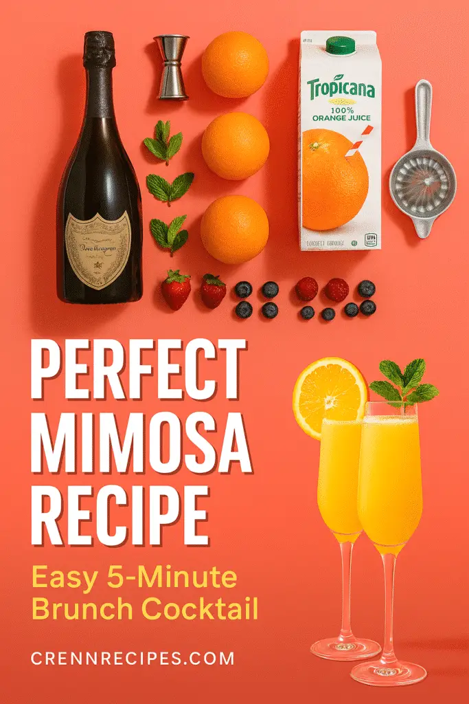 Easy mimosa recipe Pinterest pin featuring Dom Pérignon champagne and fresh orange juice ingredients from CrennRecipes