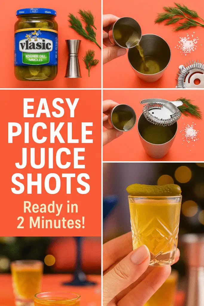 Easy 2-minute pickle juice shots recipe Pinterest pin with step-by-step guide using Vlasic pickles from CrennRecipes.com