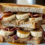 Elvis Sandwich recipe with peanut butter banana bacon on toasted bread - CrennRecipes premium comfort food