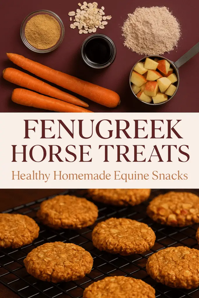 Fenugreek horse treats ingredients flat lay - premium oats, molasses, carrots by CrennRecipes homemade equine snacks