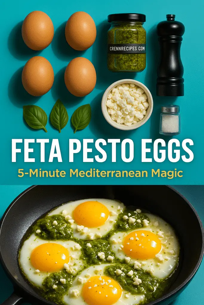 Feta pesto eggs Pinterest recipe pin showing ingredients and final dish from CrennRecipes Mediterranean breakfast collection
