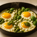 Feta pesto eggs recipe with perfectly cooked eggs, fresh basil pesto and crumbled feta cheese in CrennRecipes signature skillet