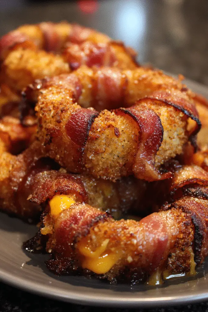 Pinterest-style Cheddar-stuffed bacon wrapped onion rings recipe with gooey melted cheese center