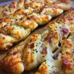 Garlic Butter Bacon Alfredo Pizza Twists with crispy bacon and creamy Alfredo sauce on wooden cutting board