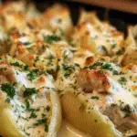 Garlic butter chicken alfredo stuffed shells recipe with melted cheese and creamy sauce