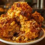 Ghost Pepper BBQ Pulled Pork and Bacon Mac 'n' Cheese Bombs recipe by CrennRecipes showing golden fried appetizers with melted cheese center