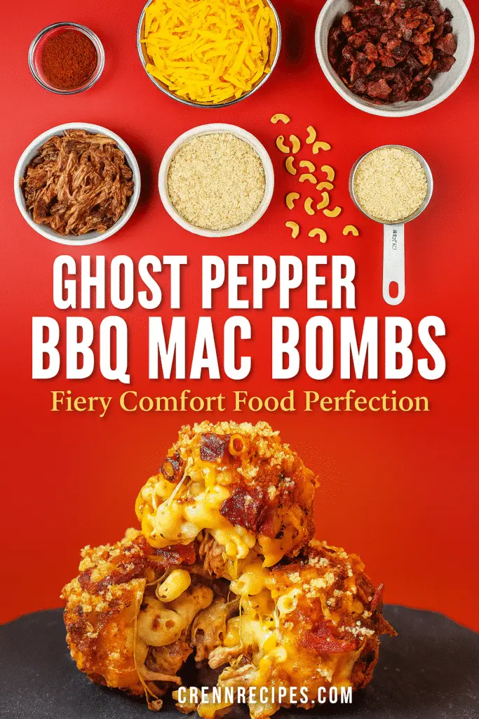 Ghost Pepper BBQ Pulled Pork Mac Cheese Bombs Pinterest recipe pin by CrennRecipes with ingredient showcase and finished dish