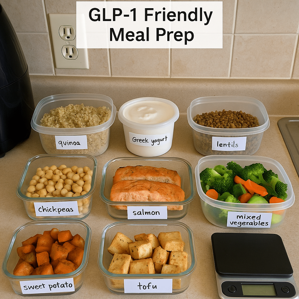 GLP-1 friendly meal prep with balanced nutrients in real home kitchen